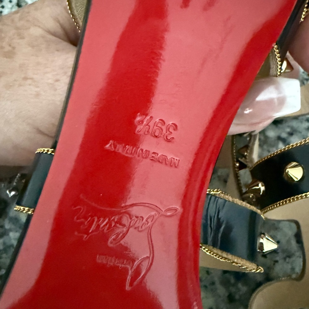 👠 Christian Louboutin Red Bottoms- Black and Gold Strappy Studded Heels 39.5 - Picture 7 of 8